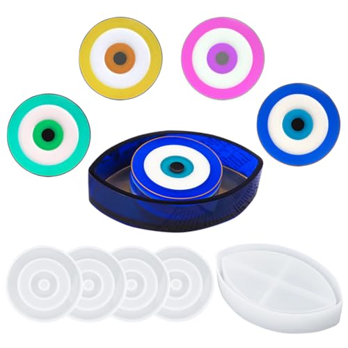 Koonafy Silikonformen Epoxidharz Untersetzer Evil Eye Resin Formen Silikon Epoxy Enthalten 4 Untersetzer Formen und 1 Kasten Formen DIY Haus Dekoration (white) von Koonafy