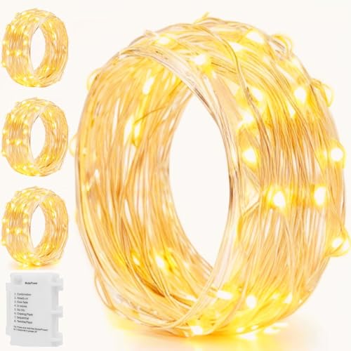 Koopower 4er 50 LED Lichterketten mit Timer Batteriebetrieben, 5M IP65-Wasserdichter Kupferdraht + 1M Kabel, Warmweiß von Koopower