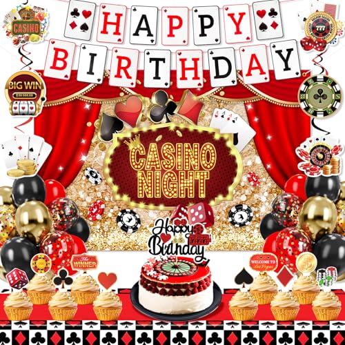 Kooterfun Casino Party Dekorationen Supplies Poker Happy Birthday Banner Hängende Wirbel Hintergrund Luftballons Kuchen Topper für Poker Las Vegas Game Night Decor von Kooterfun
