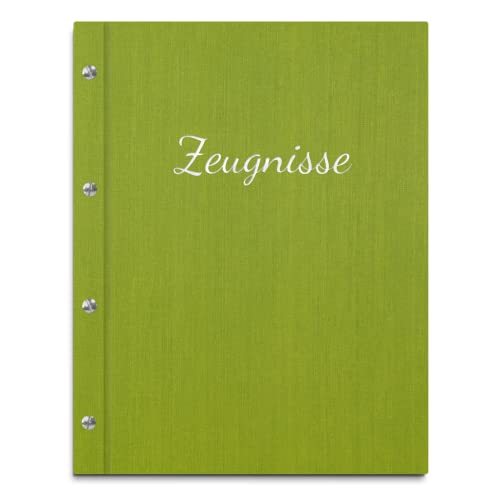 Handgefertigte Zeugnismappe im grünen Einband in Leinenoptik mit exclusivem Prägedruck in verschiedenen Farben – inkl. 12 oder 40 Klarsichthüllen von Kopierladen Karnath GmbH
