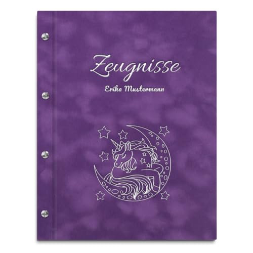 Personalisierbare Zeugnismappe in violetter Samtoptik mit eigenem Namen und Motiv - inkl. 12 Sichthüllen - Silberner Aufdruck mit individuellem Motiv selbst gestalten von Kopierladen Karnath GmbH