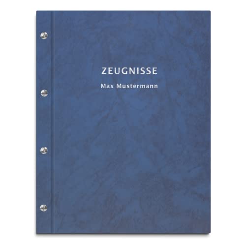 Zeugnismappe im blau-marmoriertem Einband inkl. personalisierter Prägung in gold oder silber – mit 12 oder 40 DIN A4 Sichthüllen für Zeugnisse von Kopierladen Karnath GmbH