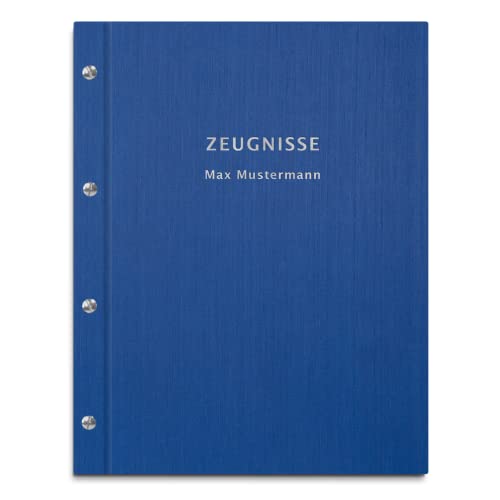 Personalisierte Zeugnismappe in blauer Leinenoptik – 2-zeiliger Wunschtext als Prägung – 12 Hüllen für DIN-A4 Dokumente von Kopierladen Karnath GmbH