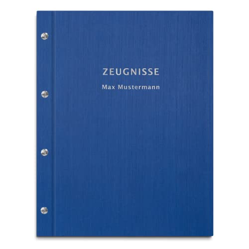 Zeugnismappe im blauen Einband in Leinenoptik inkl. personalisierter Prägung in gold oder silber – mit 12 oder 40 DIN A4 Sichthüllen für Zeugnisse von Kopierladen Karnath GmbH