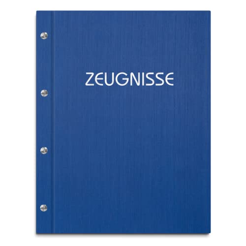 Zeugnismappe im blauen Einband in Leinenoptik mit Prägedruck in verschiedenen Farben – handgefertigte Mappe inkl. 12 Sichthüllen von Kopierladen Karnath GmbH