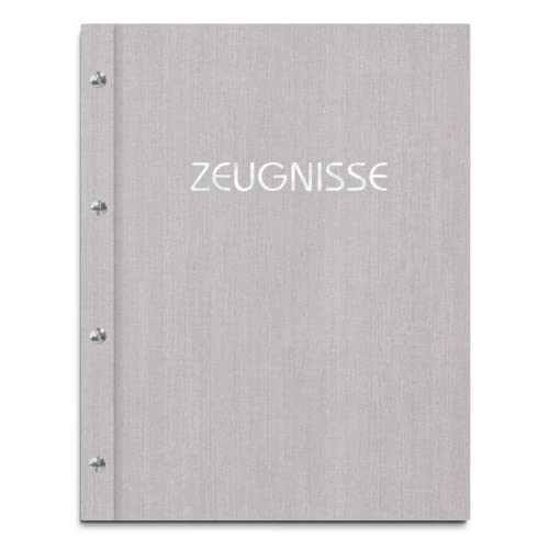 Zeugnismappe im grauen Einband in Leinenoptik mit hochwertigem Prägedruck in verschiedenen Farben – handgefertigte Mappe inkl. 12 oder 40 Sichthüllen von Kopierladen Karnath GmbH
