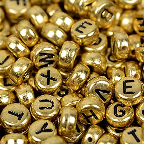 Buchstaben Perlen, 250er Set, 4x7 mm, gold mit schwarz, rund, mit Loch zum Basteln für Schmuck auffädeln Armband Uhr Buchstabenwürfel Kinder groß klein Acryl Alphabet Würfel (Mix 250 Stück) von Kopper-24