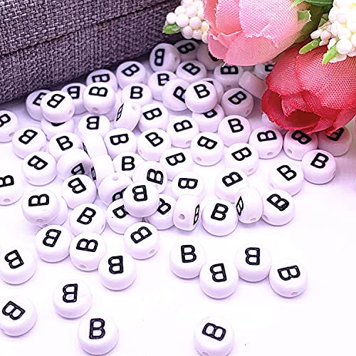 Buchstaben Perlen, 30er Set, 4x7 mm, weiß mit schwarz, rund, mit Loch zum Basteln für Schmuck auffädeln Armband Uhr Buchstabenwürfel Kinder groß klein Acryl Alphabet Würfel (Buchstabe B) von Kopper-24