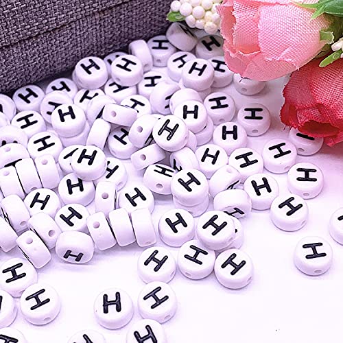 Buchstaben Perlen, 30er Set, 4x7 mm, weiß mit schwarz, rund, mit Loch zum Basteln für Schmuck auffädeln Armband Uhr Buchstabenwürfel Kinder groß klein Acryl Alphabet Würfel (Buchstabe H) von Kopper-24