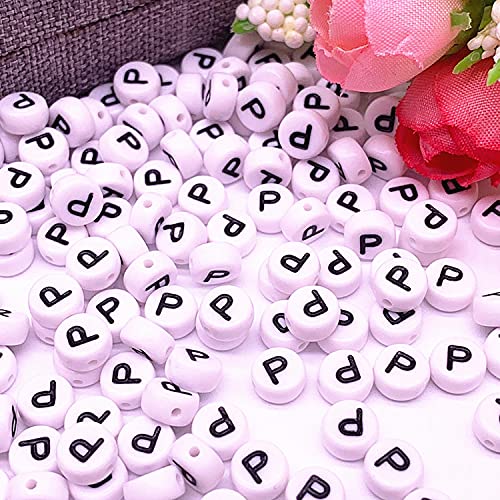 Buchstaben Perlen, 30er Set, 4x7 mm, weiß mit schwarz, rund, mit Loch zum Basteln für Schmuck auffädeln Armband Uhr Buchstabenwürfel Kinder groß klein Acryl Alphabet Würfel (Buchstabe P) von Kopper-24
