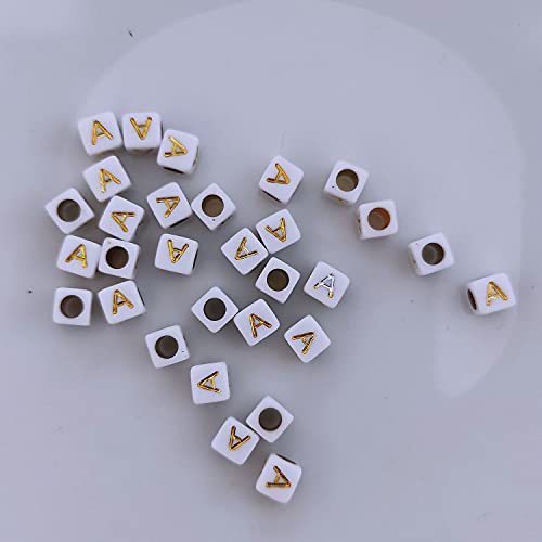 Buchstaben Perlen, 30er Set, 6x6 mm, weiß mit gold, eckig, mit Loch zum Basteln für Schmuck auffädeln Armband Uhr Buchstabenwürfel Kinder groß klein Acryl Alphabet Würfel (Buchstabe A) von Kopper-24