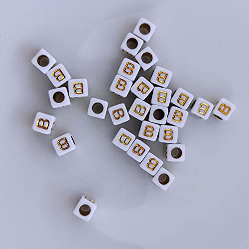 Buchstaben Perlen, 30er Set, 6x6 mm, weiß mit gold, eckig, mit Loch zum Basteln für Schmuck auffädeln Armband Uhr Buchstabenwürfel Kinder groß klein Acryl Alphabet Würfel (Buchstabe B) von Kopper-24