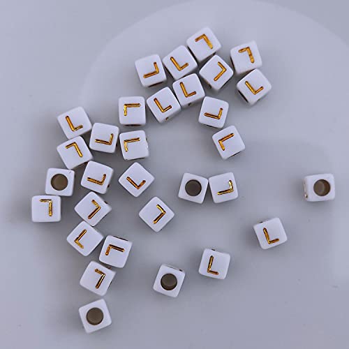 Buchstaben Perlen, 30er Set, 6x6 mm, weiß mit gold, eckig, mit Loch zum Basteln für Schmuck auffädeln Armband Uhr Buchstabenwürfel Kinder groß klein Acryl Alphabet Würfel (Buchstabe L) von Kopper-24