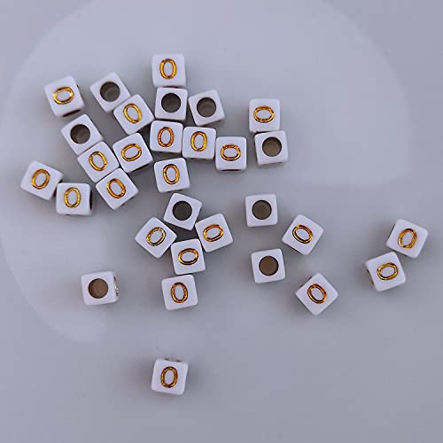 Buchstaben Perlen, 30er Set, 6x6 mm, weiß mit gold, eckig, mit Loch zum Basteln für Schmuck auffädeln Armband Uhr Buchstabenwürfel Kinder groß klein Acryl Alphabet Würfel (Buchstabe O) von Kopper-24
