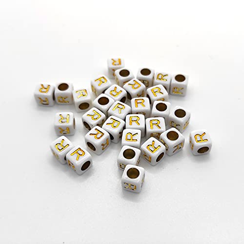 Buchstaben Perlen, 30er Set, 6x6 mm, weiß mit gold, eckig, mit Loch zum Basteln für Schmuck auffädeln Armband Uhr Buchstabenwürfel Kinder groß klein Acryl Alphabet Würfel (Buchstabe R) von Kopper-24