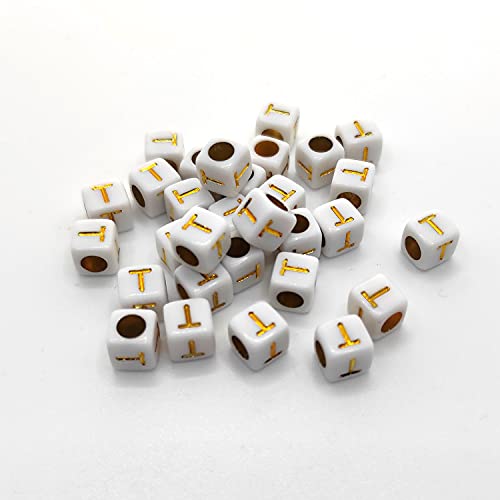 Buchstaben Perlen, 30er Set, 6x6 mm, weiß mit gold, eckig, mit Loch zum Basteln für Schmuck auffädeln Armband Uhr Buchstabenwürfel Kinder groß klein Acryl Alphabet Würfel (Buchstabe T) von Kopper-24