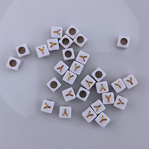 Buchstaben Perlen, 30er Set, 6x6 mm, weiß mit gold, eckig, mit Loch zum Basteln für Schmuck auffädeln Armband Uhr Buchstabenwürfel Kinder groß klein Acryl Alphabet Würfel (Buchstabe Y) von Kopper-24