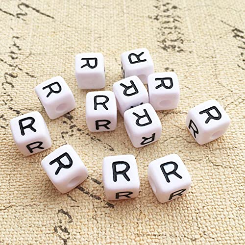 Buchstaben Perlen, 30er Set, 6x6 mm, weiß mit schwarz, eckig, mit Loch zum Basteln für Schmuck auffädeln Armband Uhr Buchstabenwürfel Kinder groß klein Acryl Alphabet Würfel (Buchstabe R) von Kopper-24