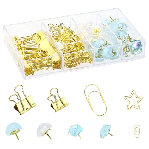 Binderklammern, Büroklammern, Pinnnadel-Set, mittelgroß, klein, Büroklammern, Stern, runde Reißnägel, Schule und Zuhause, Schreibtischbedarf, Schreibtisch organisiert (blau), 118 Stück von Koqye