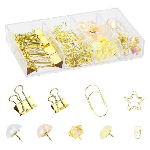 Binderklammern, Büroklammern, Pinnnadel-Set, mittelgroß, klein, Büroklammern, Stern, runde Reißnägel, Schule und Zuhause, Schreibtischbedarf, Schreibtisch organisiert (gelb) von Koqye