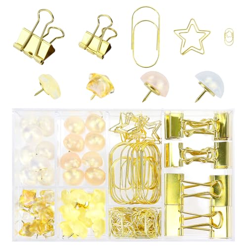 Koqye 118-teiliges Büroklammern-Set – große, kleine Büroklammern, Binderklemmen und Reißzwecken für Büro, Schulbedarf, Schreibtisch-Organizer, Essentials (Gold) von Koqye