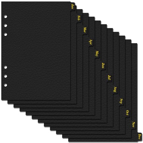 Koqye Lederstrukturiertes A5-Ringbuch mit 6 Ringen, mit 12 monatlichen Registern, schwarzes Papier, Register-Seitentrenner für Planer/Organizer (1 Set – 12 monatliche Register) von Koqye