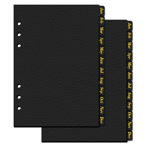 Koqye Lederstrukturiertes A5-Ringbuch mit 6 Ringen, mit 12 monatlichen Registern, schwarzes Papier, Register-Seitentrenner für Planer/Organizer (2 Sets – 12 monatliche Register) von Koqye
