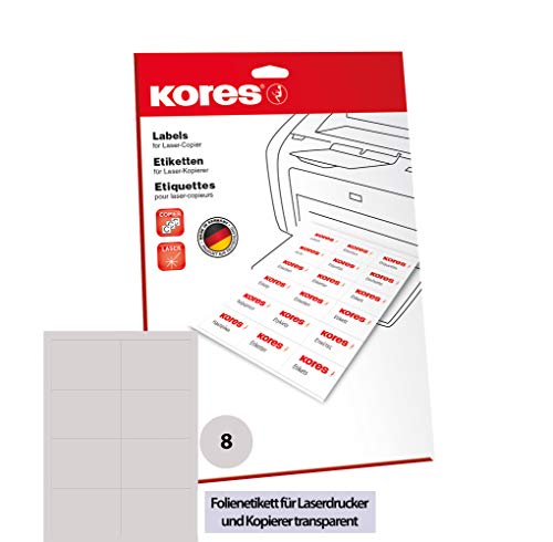 Kores Folien Etiketten transparent Laser+Kopierer 105,0 x 74,0mm 10 Blatt 80 Etiketten, reißfest, wasserfest, abwaschbar von Kores