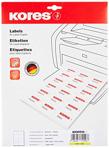 Kores Folien Etiketten transparent Laser+Kopierer 105,0 x 74,0mm 10 Blatt 80 Etiketten, reißfest, wasserfest, abwaschbar von Kores