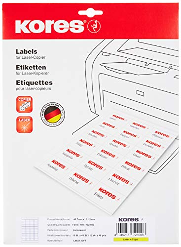 Kores Folien Etiketten transparent Laser+Kopierer 45,7 x 21,2mm 10 Blatt 480 Etiketten, reißfest, wasserfest, abwaschbar, L4521.10FT Kores Folien Etiketten transparent Laser+Kopierer 45,7 x 21,2mm 10 Blatt 480 Etiketten, reißfest, wasserfest, abwaschbar, L4521.10FT von Kores