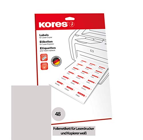 Kores Folien Etiketten weiß Laser+Kopierer 45,7 x 21,2mm 10 Blatt 480 Etiketten,reißfest, wasserfest, abwaschbar von Kores