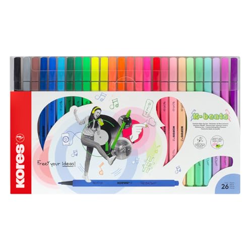 Kores - K-Beats Premium Filzstifte - Fasermaler zum Skizzieren, Ausmalen und Schreiben - Einzigartige Lebendige Farben, Inklusive Neon und Pastell - Schulbedarf - 26 Stück von Kores