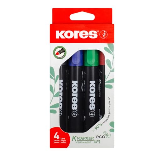 Kores - K-Marker Eco XP1: farbige Permanentmarker, Rund-Spitze mit wasserfester und geruchsarmer Tinte, für alle Oberflächen, 4er Pack, farblich sortiert, je 1 x schwarz, blau, grün und rot Kores - K-Marker Eco XP1: farbige Permanentmarker, Rund-Spitze mit wasserfester und geruchsarmer Tinte, für alle Oberflächen, 4er Pack, farblich sortiert, je 1 x schwarz, blau, grün und rot von Kores