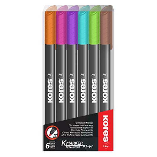 Kores - K-Marker P1: Bunte Permanent Marker Stifte, Dünne Faserspitze mit wasserfester und nahezu geruchsfreier Tinte, für alle Oberflächen, Packung von 6 sortierten Farben von Kores