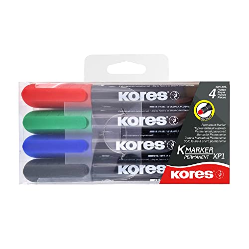 Kores - K-Marker XP1: Bunte Permanent Marker Stifte, Rundspitze mit wasserfester und nahezu geruchsfreier Tinte, für alle Oberflächen, Packung mit 4 sortierten Farben von Kores