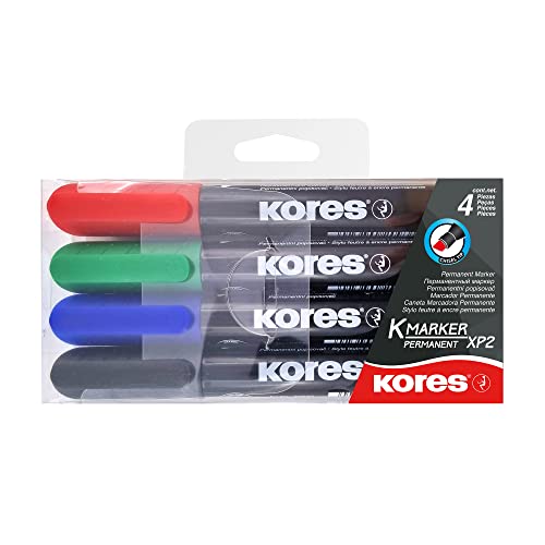 Kores - K-Marker XP2: Bunte Permanent Marker Stifte, Keilspitze mit wasserfester und nahezu geruchsfreier Tinte, für alle Oberflächen, Packung mit 4 Sortierten Farben von Kores
