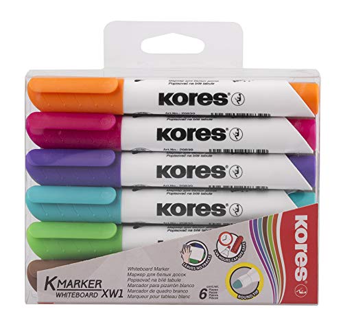 Kores - K-Marker XW1: Bunte Whiteboard Marker mit Rundspitze, Trocken Abwischbar und nahezu Geruchslose Tinte, Schul- und Bürobedarf, Set aus 6 Sortierten Farben von Kores