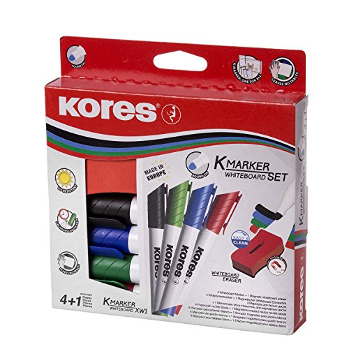 Kores - K-Marker XW1: Bunte Whiteboard Marker mit Rundspitze, trocken abwischbar und nahezu geruchslose Tinte, Schul- und Bürobedarf, Set aus 4 Sortierten Farben + 1 Magnetlöschschwamm von Kores