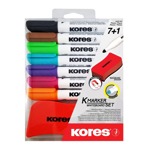 Kores - K-Marker XW1: farbige Whiteboard-Marker mit Rundspitze, trocken abwischbar und geruchsarmer Tinte, Schul- und Bürobedarf, Set mit 7 verschiedenen Farben und 1 Magnetradierer von Kores