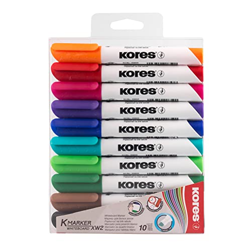 Kores - K-Marker XW2: Bunte Whiteboard Marker mit Keilspitze, trocken abwischbar und nahezu geruchslose Tinte, Schul- und Bürobedarf, Set aus 10 Sortierten Farben von Kores