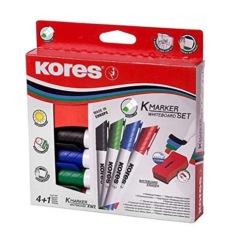 Kores - K-Marker XW2: Bunte Whiteboard Marker mit Keilspitze, trocken abwischbar und nahezu geruchslose Tinte, Schul- und Bürobedarf, Set aus 4 Sortierten Farben + 1 Magnetischen Löschschwamm von Kores