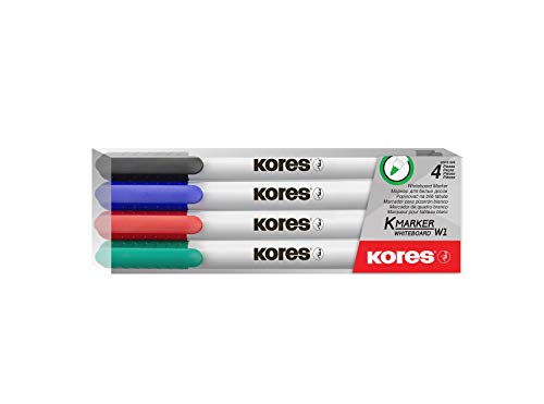 Kores - K-Marker: Bunte Whiteboard Markerstifte mit dünner Spitze, trocken abwischbar und nahezu geruchslose Tinte, Schul- und Bürobedarf, Set aus 4 Sortierten Farben von Kores