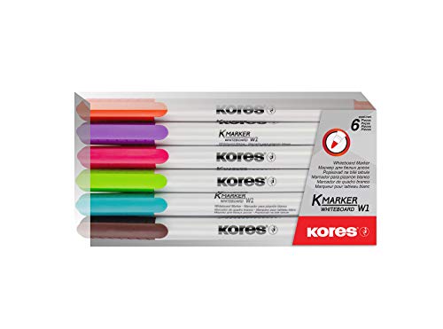 Kores - K-Marker: Bunte Whiteboard Markerstifte mit dünner Spitze, trocken abwischbar und nahezu geruchslose Tinte, Schul- und Bürobedarf, Set aus 6 Sortierten Farben von Kores