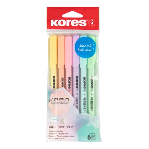 Kores - K0R-M: 6 Stück Kugelschreiber in Pastellfarben, 1 mm Medium Point Biro mit blauer Halbgeltinte von Kores