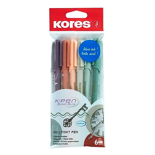 Kores - K0R-M: Kugelschreiber mit blauer Semi-Gel-Tinte im Vintage-Design, 1 mm Schriftbreite für softes Schreiben, dreieckige ergonomische Form, Schul- und Bürobedarf, 6 Stück von Kores