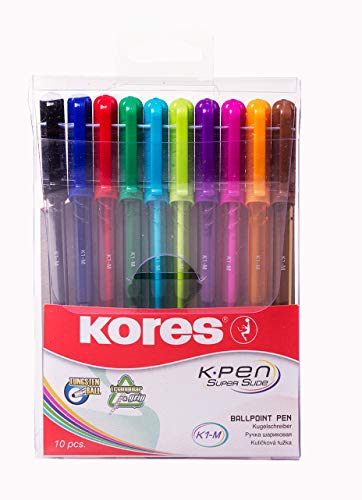 Kores - K1: Farbige Kugelschreiber, 1 mm Medium Point Biro mit wischfester Tinte, 10er-Pack in verschiedenen Farben von Kores