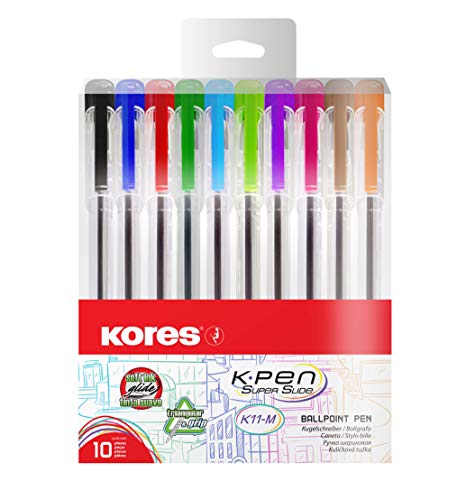 Kores - K11: Farbige Kugelschreiber, 1 mm Medium Point Biro mit Semi-Gel-Tinte für flüssiges Schreiben, dreieckige ergonomische Form, Schul- und Bürobedarf, 10er-Pack in verschiedenen Farben von Kores