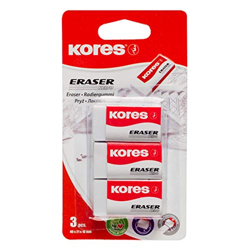 Kores - KE-30: Weißer PVC Radierer mit Papierschleife für Kinder, Studenten und Erwachsene, ungiftig und kinderfreundlich, Schul- und Bürozubehör, 40 x 21 x 10 mm, 3 Stück Packung von Kores