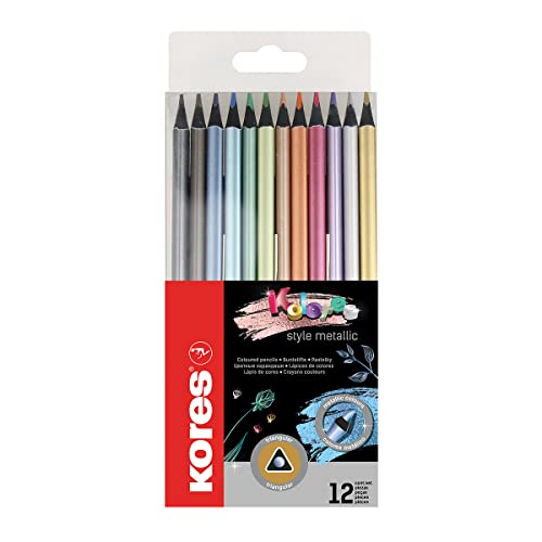 Kores - Kolores Style Metallisch: 12 schwarze Holz-Buntstifte für Kinder, Anfänger und Erwachsene, 12 Metallische Farbtöne für dunkeles und weißes Papier, von Kores