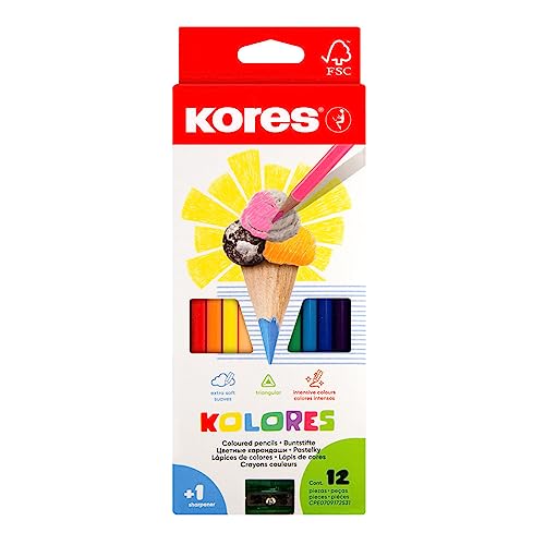 Kores - Kolores: 12 Buntstifte für Kinder, Anfänger und Erwachsene mit weicher Mine und dreieckiger Form, Set mit 12 verschiedenen Farben und Anspitzer im Lieferumfang enthalten von Kores